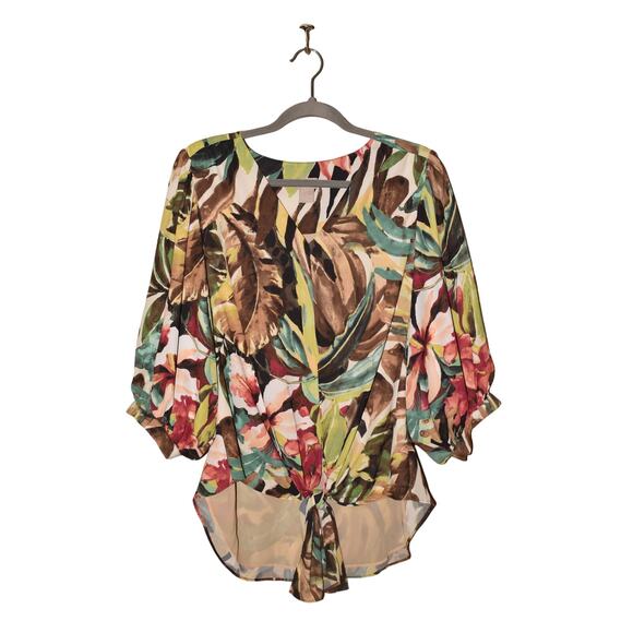 CHICO'S $79 V-Neck Tie-Front Tropical Print Crepe Blouse Chico's 0 / US Small - Picture 1 of 3
